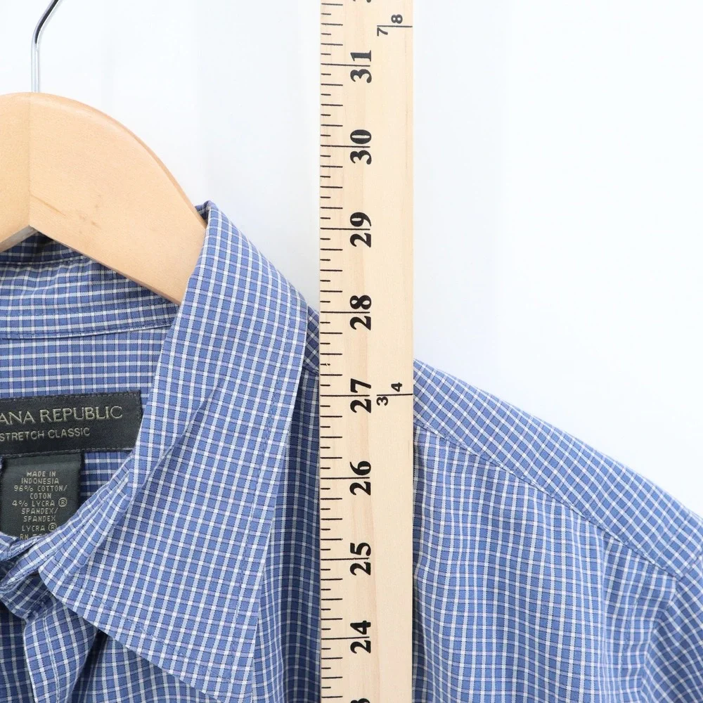 Banana Republic Shirt Large Blue Micro Check Y2K Stretch Cotton Short Sleeve